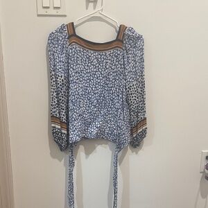 Maeve Blue and Black Patterned Blouse with Brown Trim